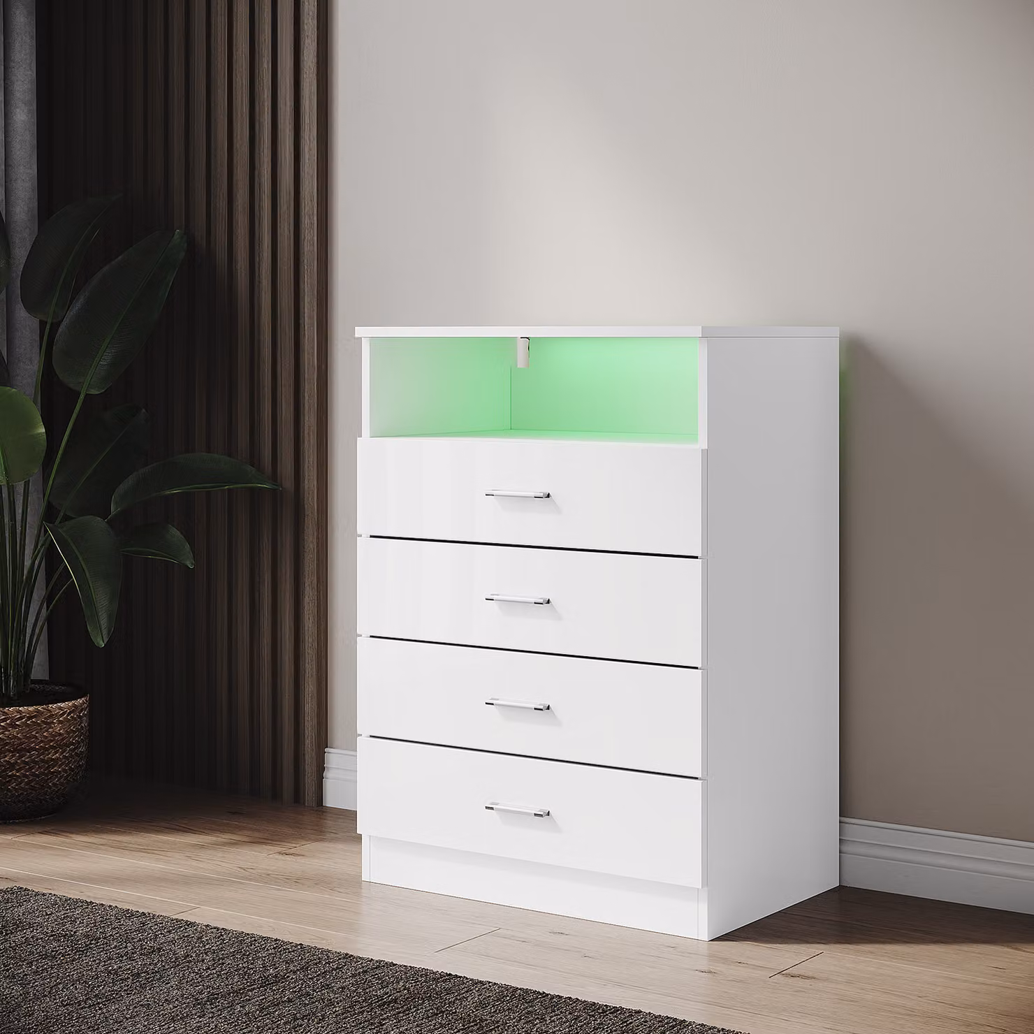 Mobiletto a libera installazione SONNI bianco lucido, con 4 cassetti e divisori a giorno, 60x40x83 cm, con illuminazione LED regolabile, adatto a soggiorno e camera da letto