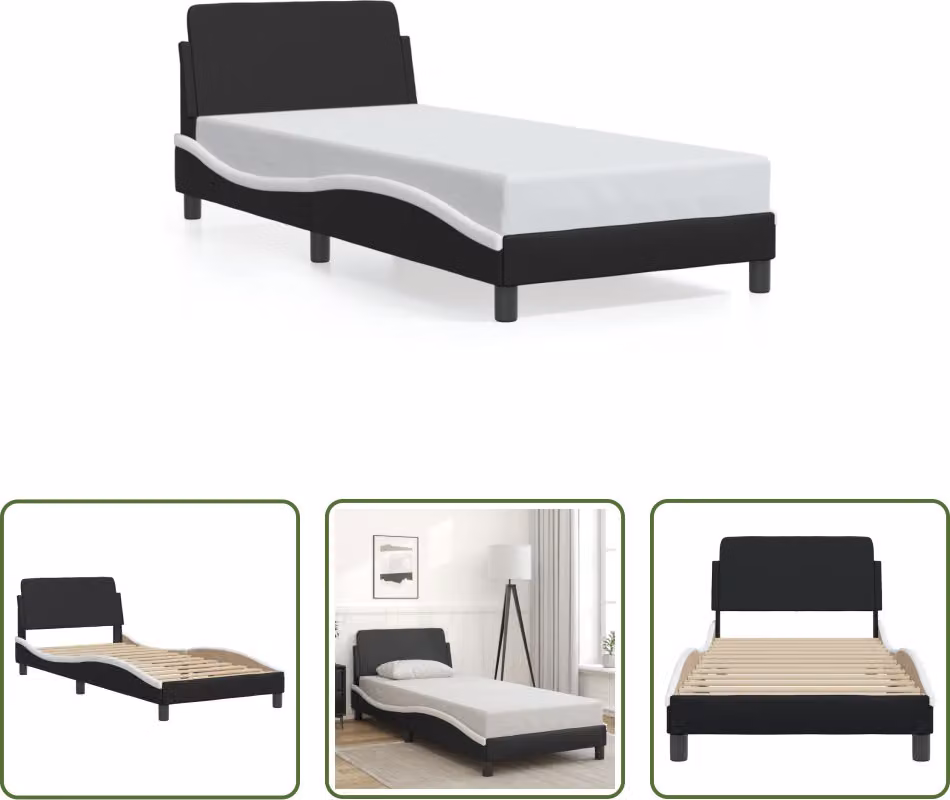 The Living Store Giroletto con testiera bianco e nero 90x190 cm in ecopelle