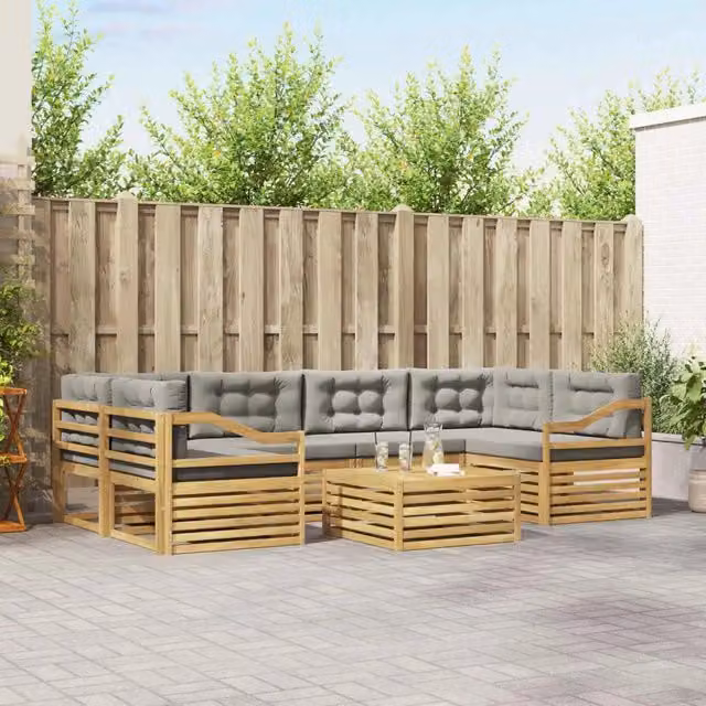 Set di divani da esterno a forma di U vidaXL in legno di acacia con tavolo da caffè, 7 pezzi, Bianco e Grigio – 1