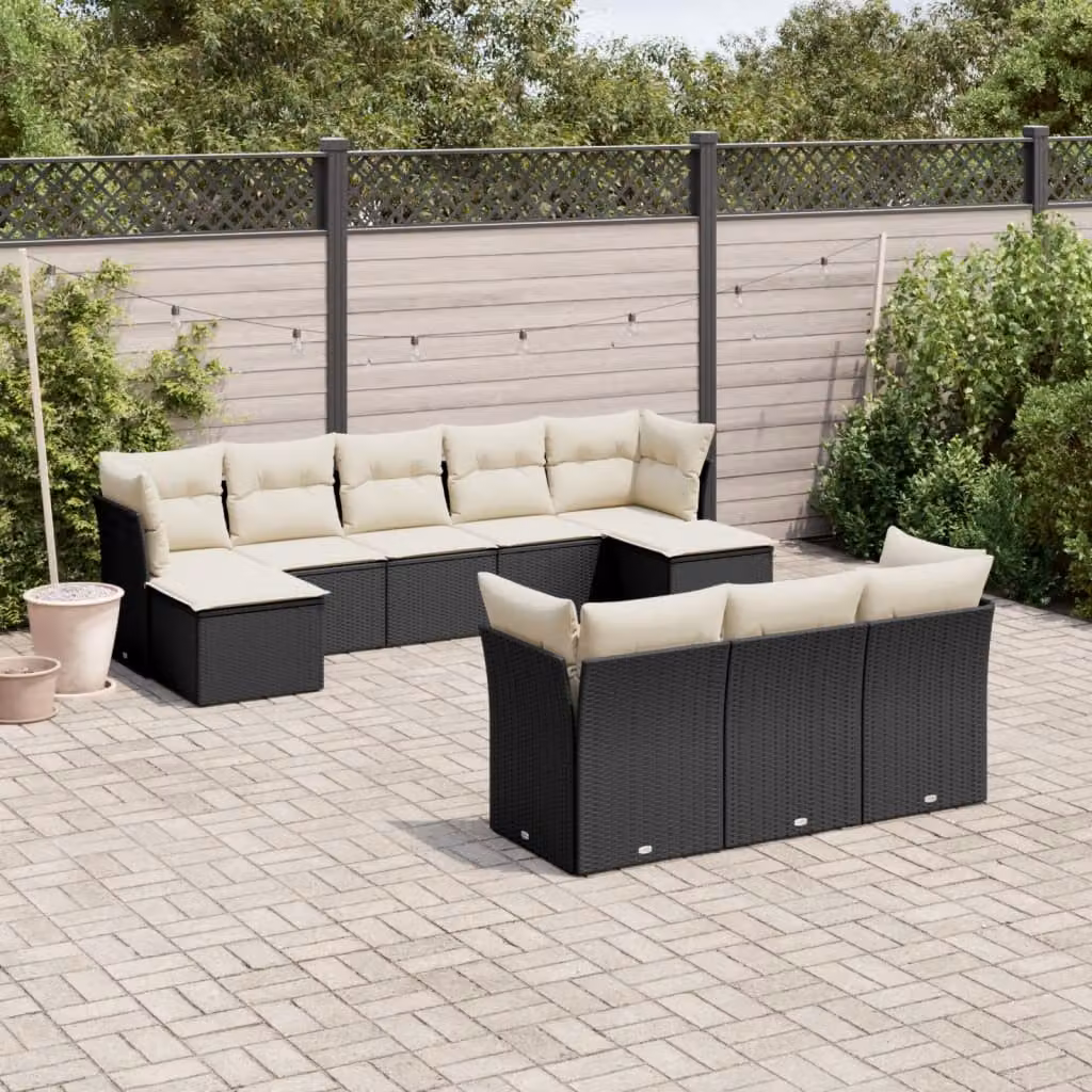 vidaXL Set Divani da Giardino 10 Pezzi in Polyrattan Nero con Cuscini e Ottoman – 1