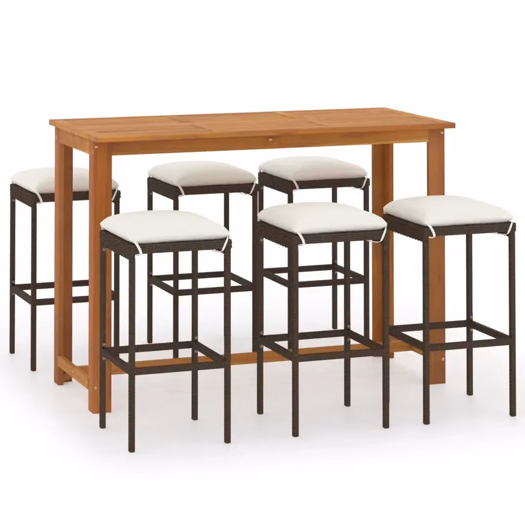 Set Bar da Giardino vidaXL in Legno di Acacia e Polyrattan con Cuscini, 7 Pezzi, Marrone e Beige – 2