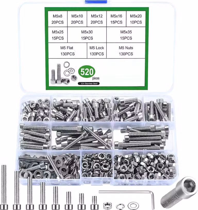 Assortimento di bulloni a testa esagonale in acciaio inossidabile M5, 520 pezzi