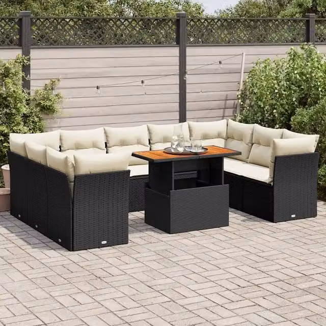 Set Divani da Giardino 10pz con Cuscini in Polyrattan Nero 3326968