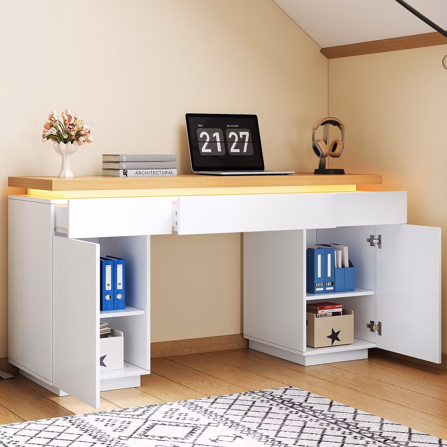 Scrivania 140x50, piano spesso, illuminazione LED, 3 cassetti, 2 ante, ripiani regolabili, adatta anche come specchiera