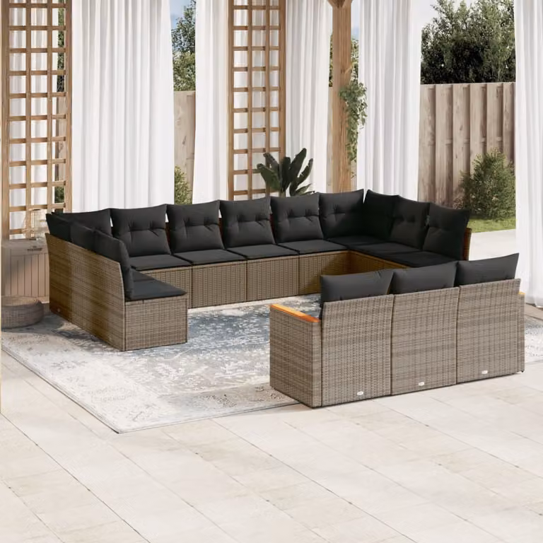 vidaXL Set di Divani da Giardino 13 pz in Polyrattan Grigio con Cuscini e Struttura in Legno di Acacia