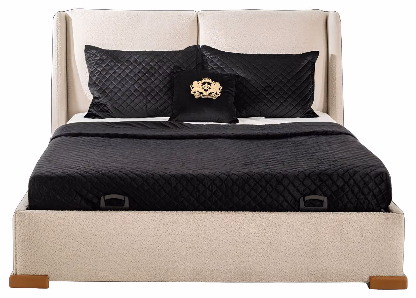 Edles Beiges Doppelbett Schlafzimmer Textilbett Holzgestell Möbel