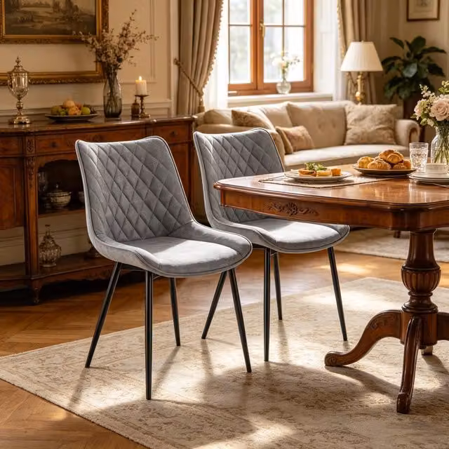 Sedia da sala da pranzo imbottita ergonomica con schienale curvo e piedini antiscivolo in ecopelle grigia, 2 pezzi