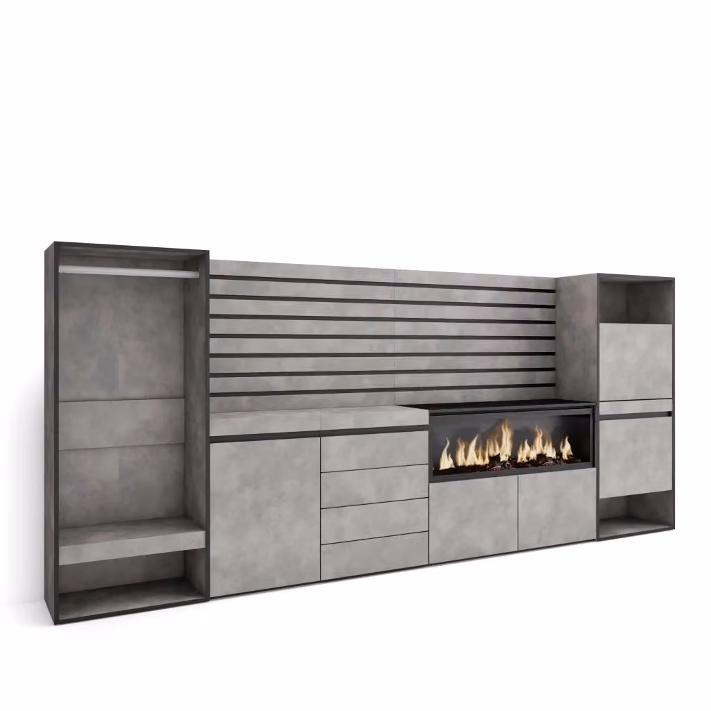Credenza con Camino Elettrico XXL Skraut Home, Armadio Aperto e Cassettiera, Grigio Cemento, L: 334 cm, P: 35 cm, H: 145 cm – 2
