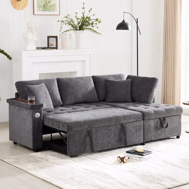 Divano letto angolare destro 209x130x84 cm 3-4 posti con contenitore e porta USB in chenille grigio scuro