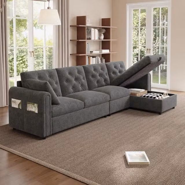 Divano angolare in velluto moderno - Zephmum - 281¡Á86¡Á71 cm - Grigio - Con contenitore, schienale con bottoni