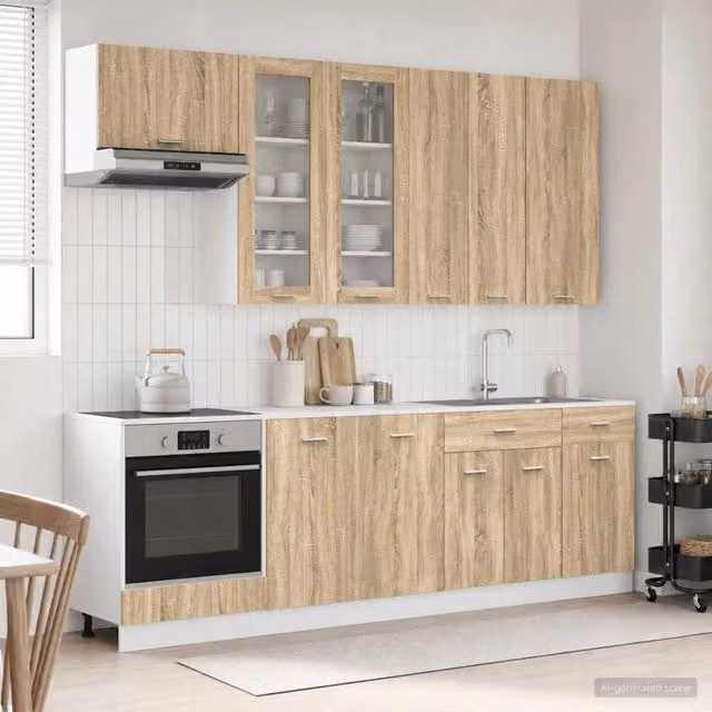 Unità cucina moderna vidaXL in legno color rovere con ante in vetro, 8 pezzi, marrone