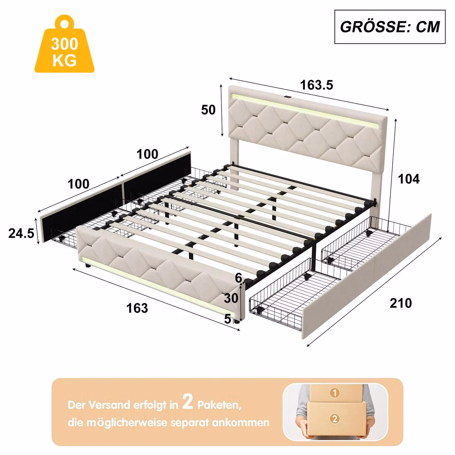 Letto imbottito con contenitore - 160 x 200 cm - 4 cassetti - Rivestimento in velluto - Struttura in MDF e metallo - Testiera imbottita - Colore avorio
