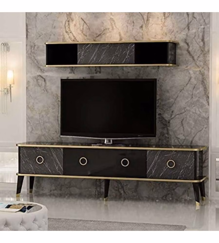 Porta TV con pensile Bientv Effezeta Italia effetto marmo nero e dettagli oro