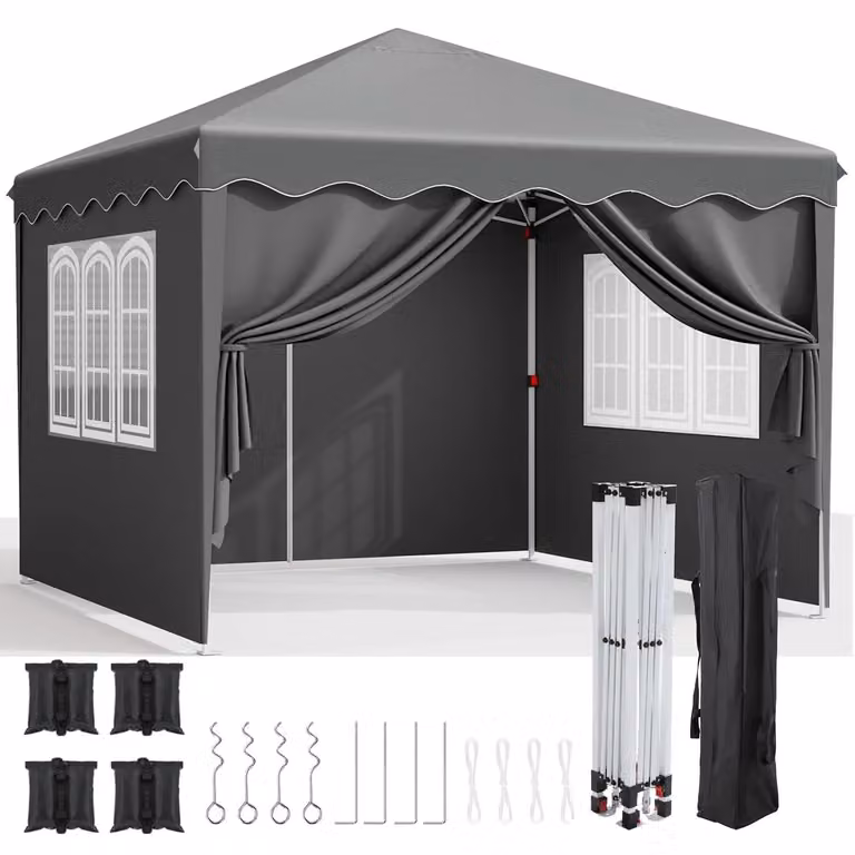 Gazebo da giardino 3x3 metri - Gazebo pop-up pieghevole per feste - Impermeabile - Protezione UV 50+ - 4 pannelli laterali - Con sacchi di sabbia - Grigio