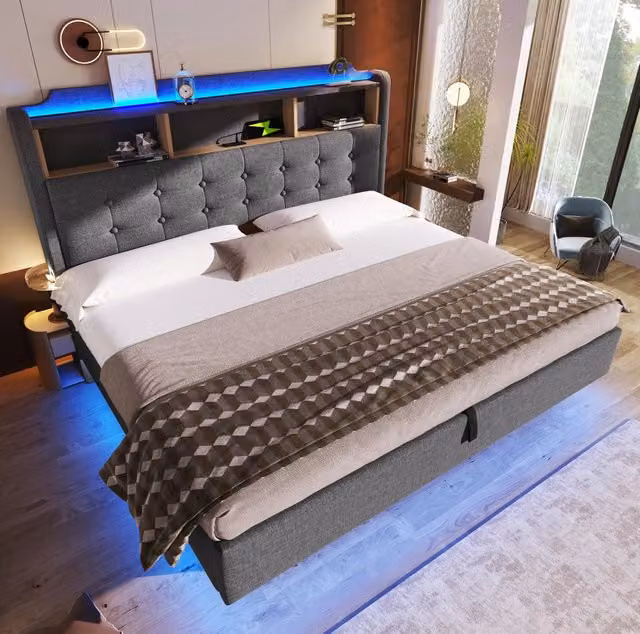 Letto imbottito 180x200 cm con contenitore idraulico, illuminazione LED multicolore e testiera con porte USB e Type-C in tessuto di lino