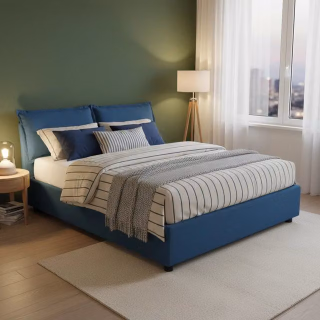 Letto matrimoniale contenitore Annica Talamo Italia con materasso incluso, rivestimento in tessuto blu, L/P/H: 140 x 200 x 155 cm – 1