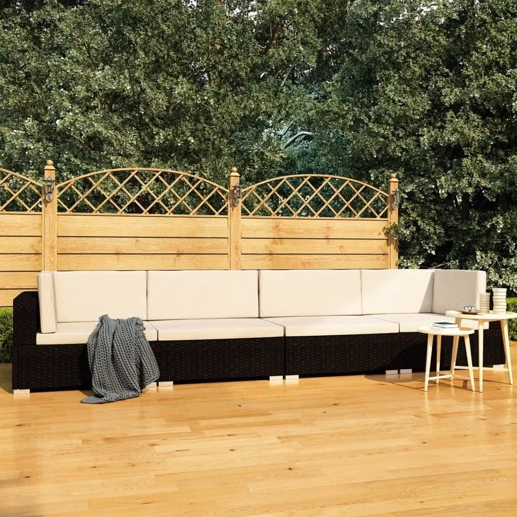 The Living Store Set di divani da giardino 4 pezzi con cuscini in poly rattan nero
