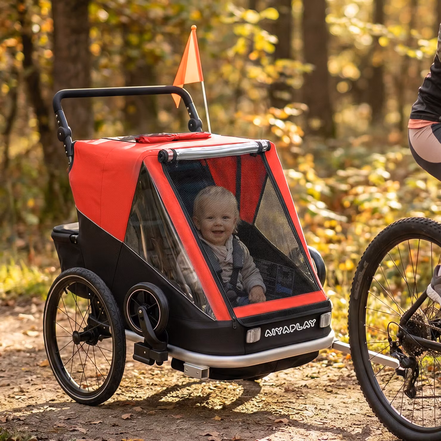 Rimorchio bici pieghevole AIYAPLAY per 2 bambini con cinture regolabili, Rosso – 2