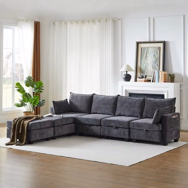 Divano letto modulare con vani portaoggetti in ciniglia grigio
