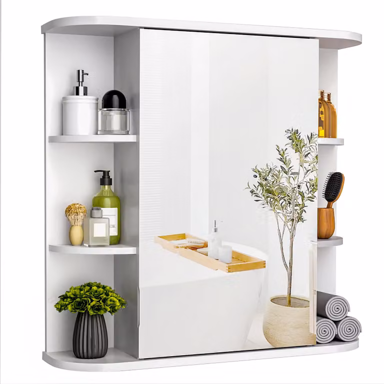 Mobiletto bagno con specchio, 68x60 cm, 9 ripiani, da montare a parete, bianco