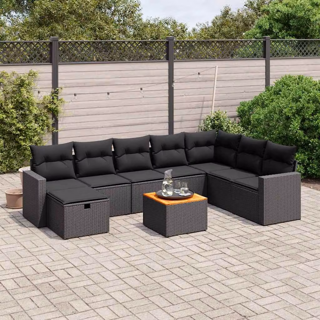 Set Divani da Giardino vidaXL 9 Pezzi con Cuscini Neri e Tavolino, Design Moderno a L con Struttura in Acciaio e Polyrattan Resistente ai Raggi UV – 1