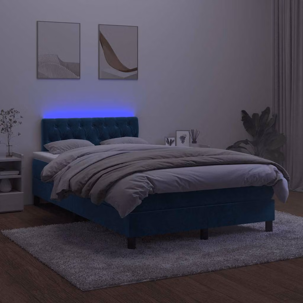 vidaXL Letto Ibrido in Velluto Blu con Materasso e Illuminazione LED Sotto il Letto e Porta USB L/P/H: 120 x 200 cm – 1
