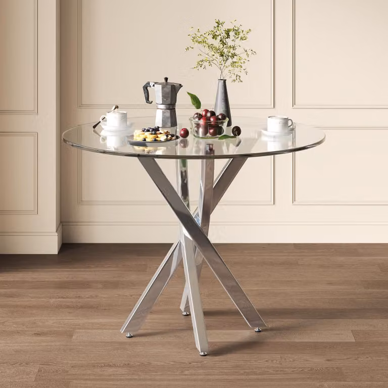 okwish Tavolo da pranzo Tavolo/caffè con design rotondo, Tavolo da conferenza con gambe zincate, Piano in vetro, Argento