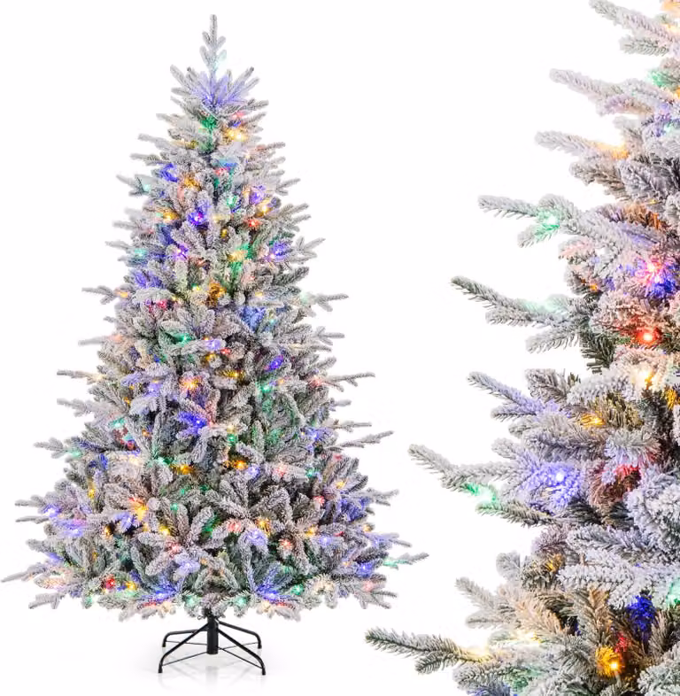 COSTWAY Albero di Natale artificiale 210 cm, albero di Natale floccato con 350 LED multicolore, 8 modalità di illuminazione e 1164 punte di rami, albero di Natale illuminato