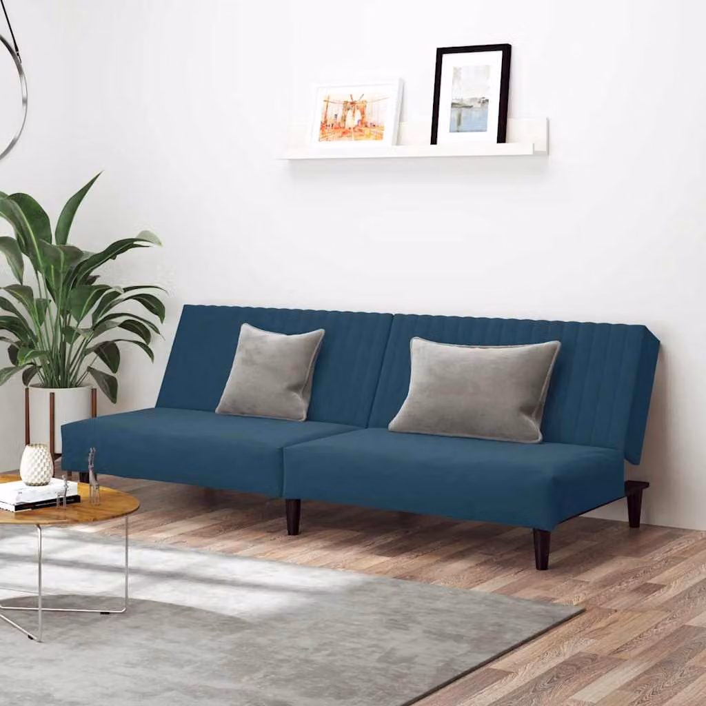 vidaXL Divano Letto Click-Clack 2 Posti in Velluto Blu con Struttura in Legno Solido e Poggiatesta Regolabile