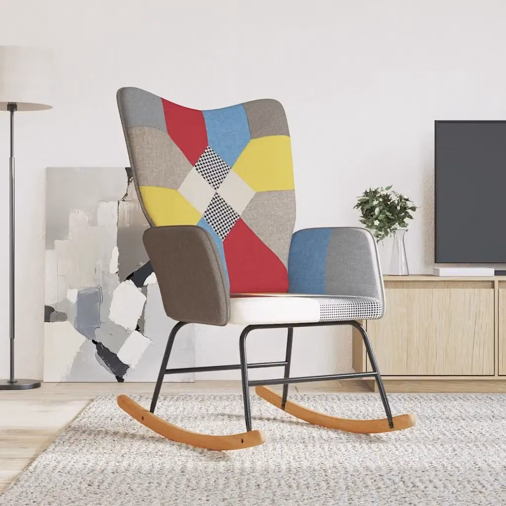 Sedia a Dondolo Relaxing in Tessuto Patchwork Multicolore con Struttura Mista CFW3964322 H 98 x L 78 x P 61 cm – 2