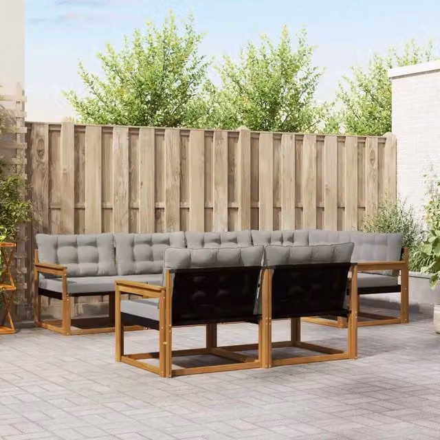 Set di divani da esterno a L vidaXL in legno di acacia con cuscini beige e grigi