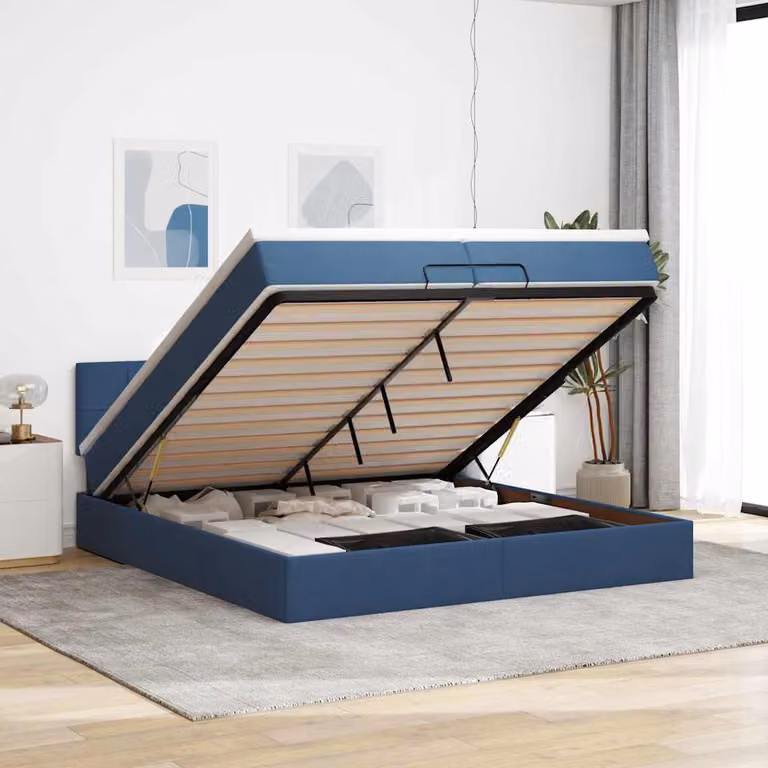 Letto con contenitore a sollevamento vidaXL in tessuto blu e bianco, L 200 x P 200 x H 88 cm
