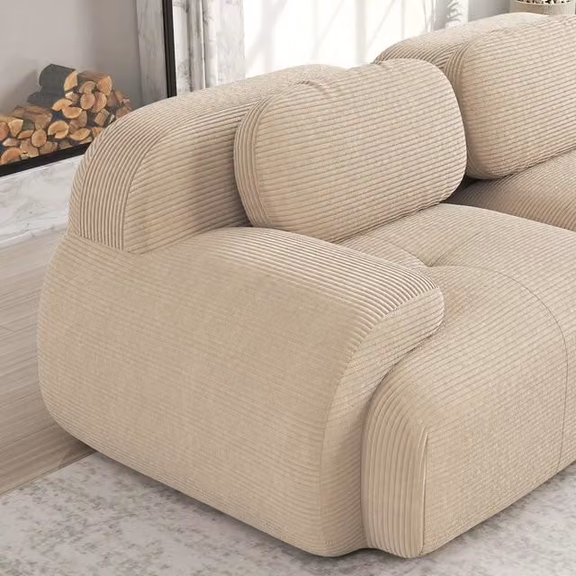 Divano angolare Hamlet RSF Zephmum in tessuto a coste beige con cuscini inclusi