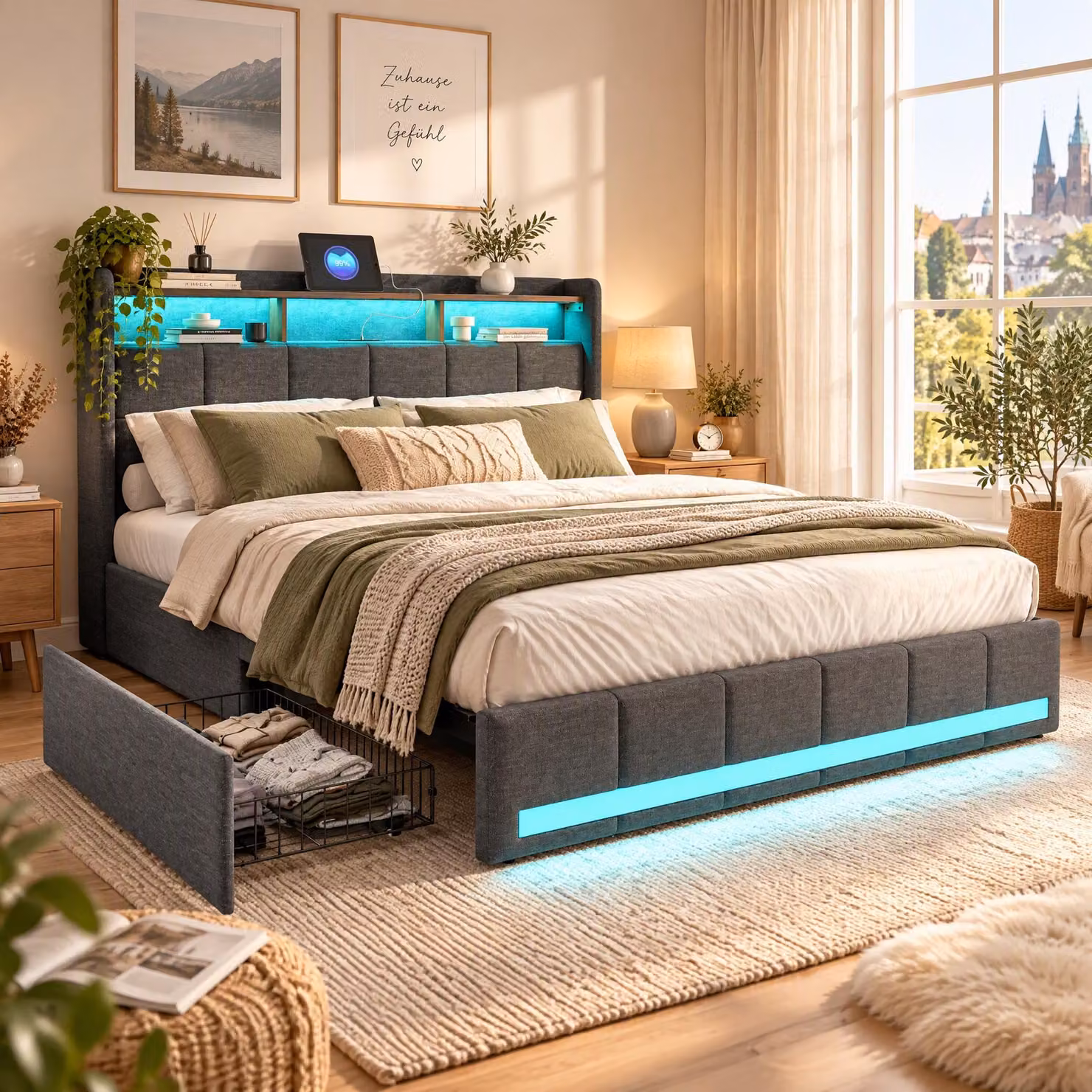 Letto imbottito 180x200 cm con LED integrati nella testata e presa USB, letto matrimoniale con 4 cassetti, struttura letto con rete a doghe, colore grigio (senza materasso)
