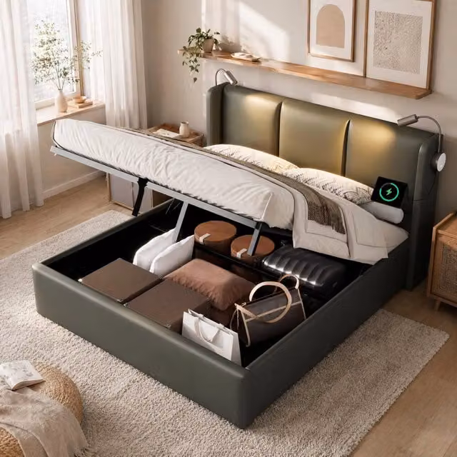 Letto imbottito ULEVR 160x200 cm in PU grigio con contenitore, lampada da lettura e ricarica USB
