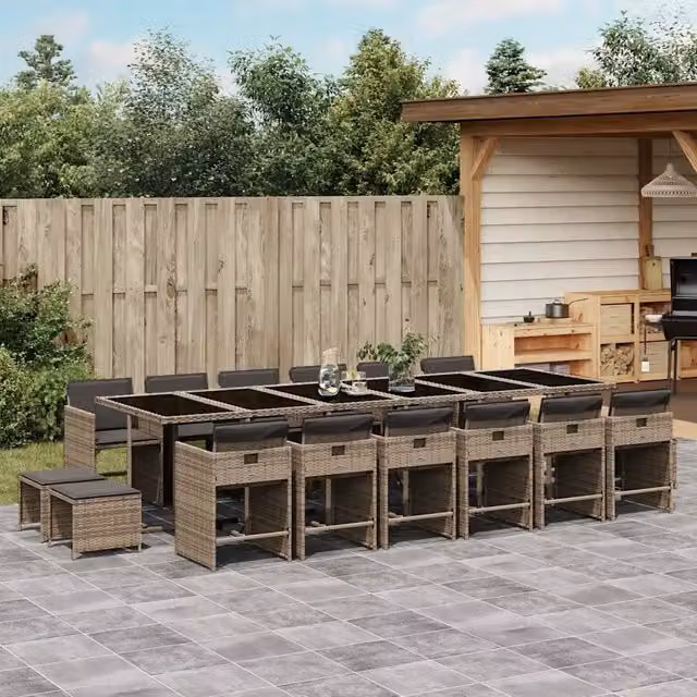 Set da pranzo da giardino vidaXL in polyrattan con cuscini e piano in vetro, 17 pezzi, grigio e nero – 1