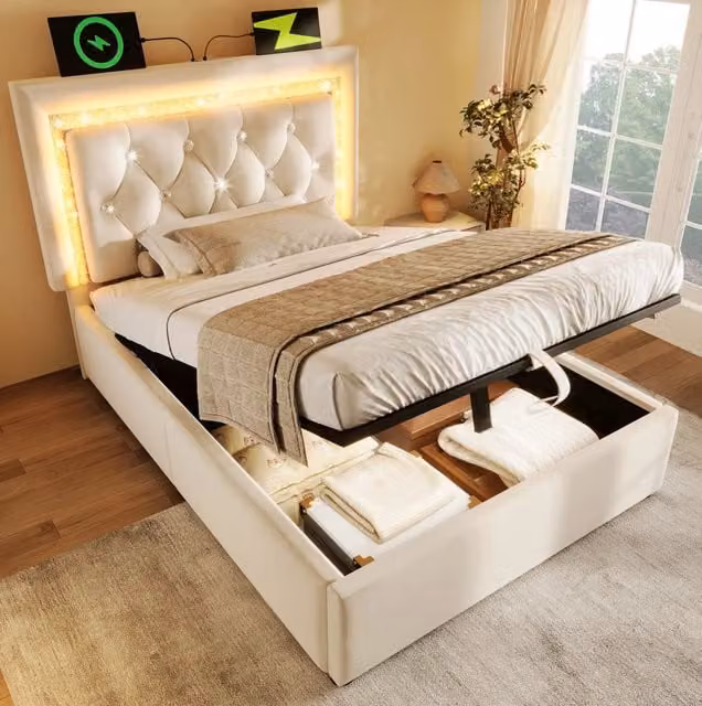 Letto singolo imbottito 90x200 cm in velluto beige con luce LED integrata, stazione di ricarica USB e Type-C, contenitore idraulico e rete a doghe