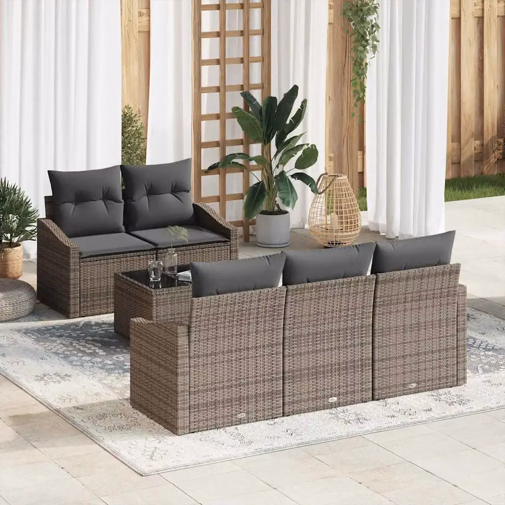 Set di divani da giardino vidaXL 6 pezzi in rattan grigio con cuscini e tavolino da esterno – 1