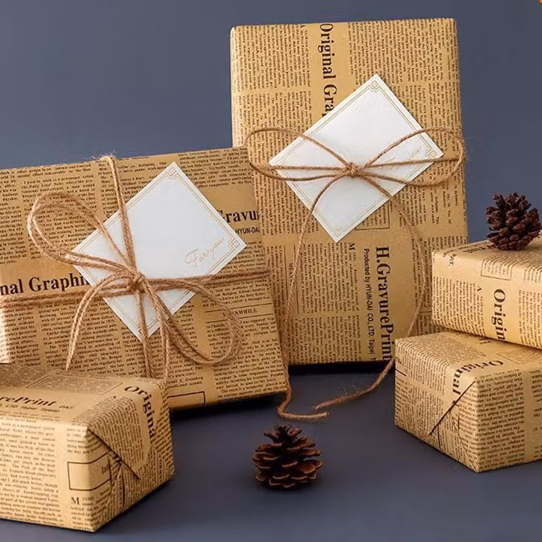 Carta da regalo, 20 fogli, 50x70 cm, color marrone, carta kraft, con scritta vintage e filo