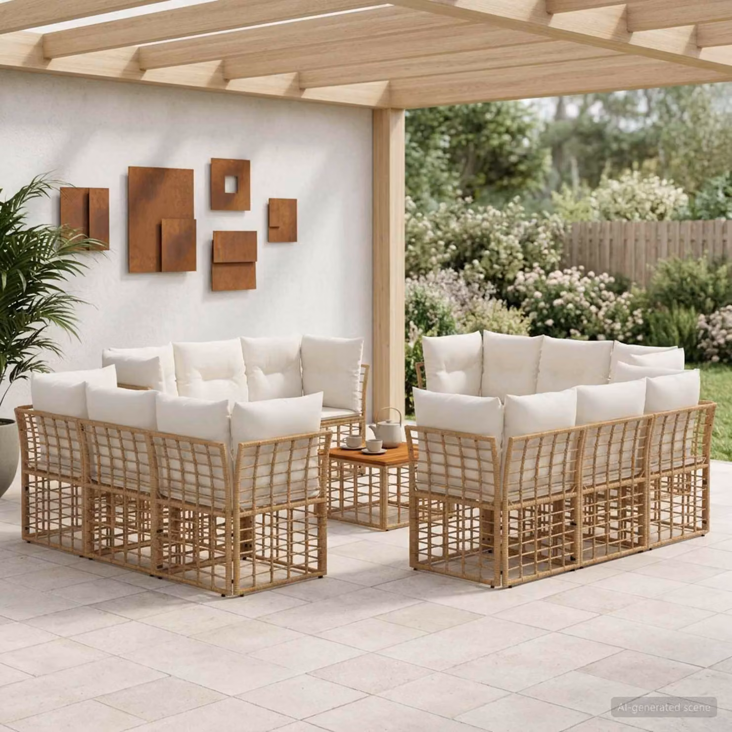 Set di divani da esterno vidaXL 13 pezzi a forma di U con tavolino, colore beige e bianco crema, struttura in metallo e cuscini inclusi per giardino e terrazzo