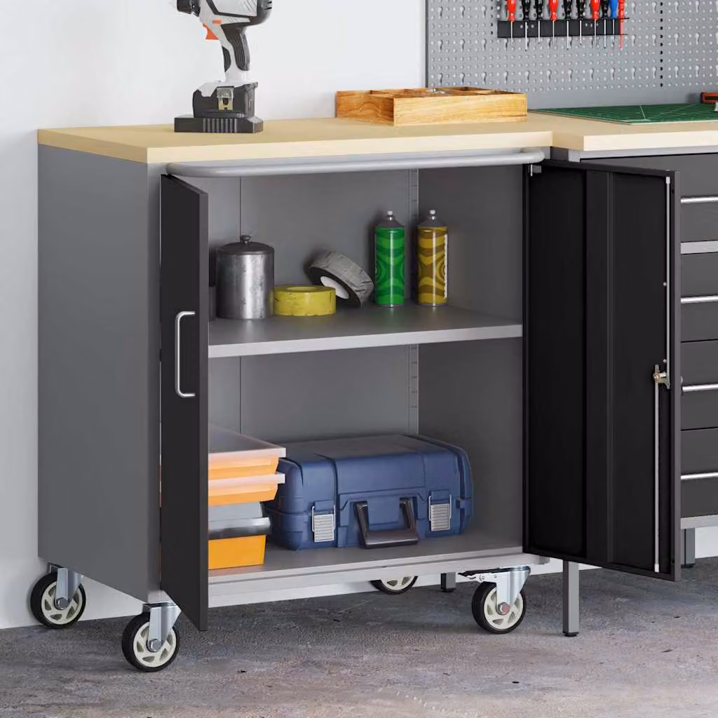 vidaXL Carrello da lavoro a rulli in acciaio e legno, Nero e Grigio, L 75 x P 45 x H 85 cm
