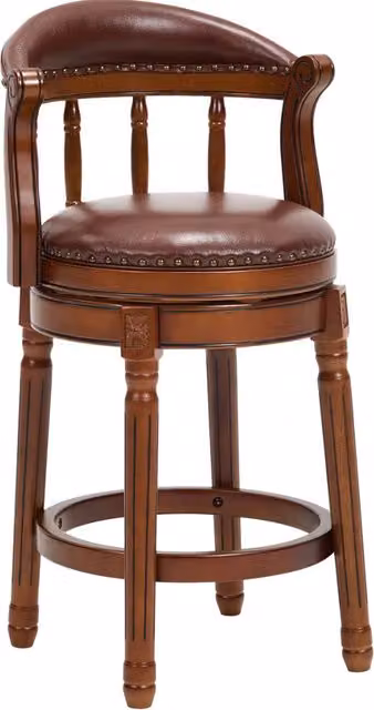 Sgabello da Bar in Legno con Seduta in Pelle di Mucca, Girevole a 360°, Altezza 66 cm, Schienale, Colore Avorio
