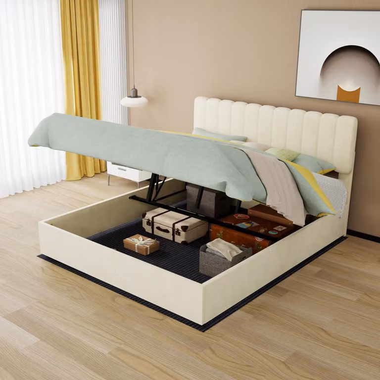Letto imbottito 140x200 cm con spazio contenitore a sollevamento idraulico, poggiatesta regolabile e rete a doghe, rivestito in lino grigio, struttura letto per camera da letto