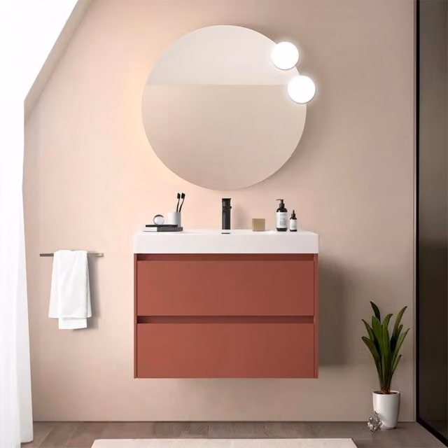 Mobile bagno sospeso 80 cm rosso satinato con due cassetti e lavabo in resina Gaya