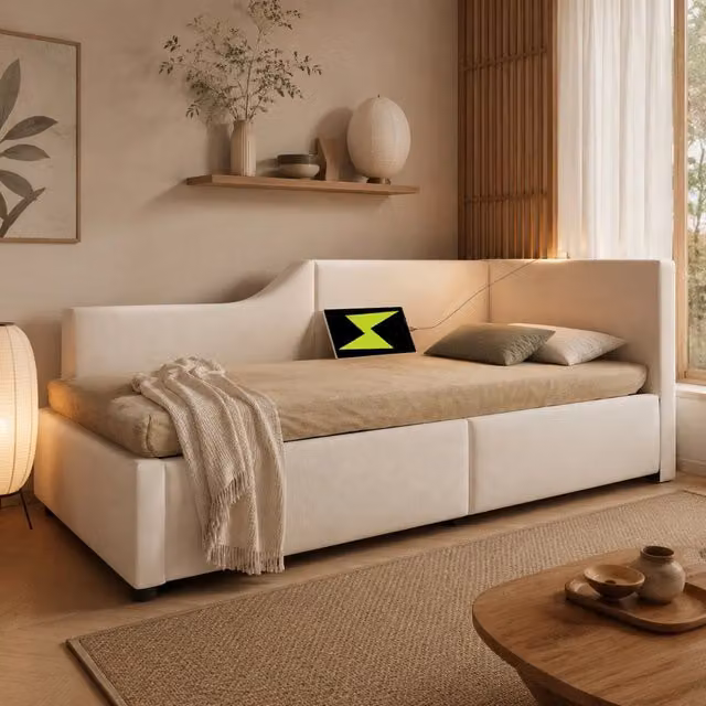 Letto contenitore Mivray rivestito in velluto beige con rete a doghe, sistema idraulico, luce da lettura integrata e porta di ricarica USB-C, L/P: 90 x 200 cm