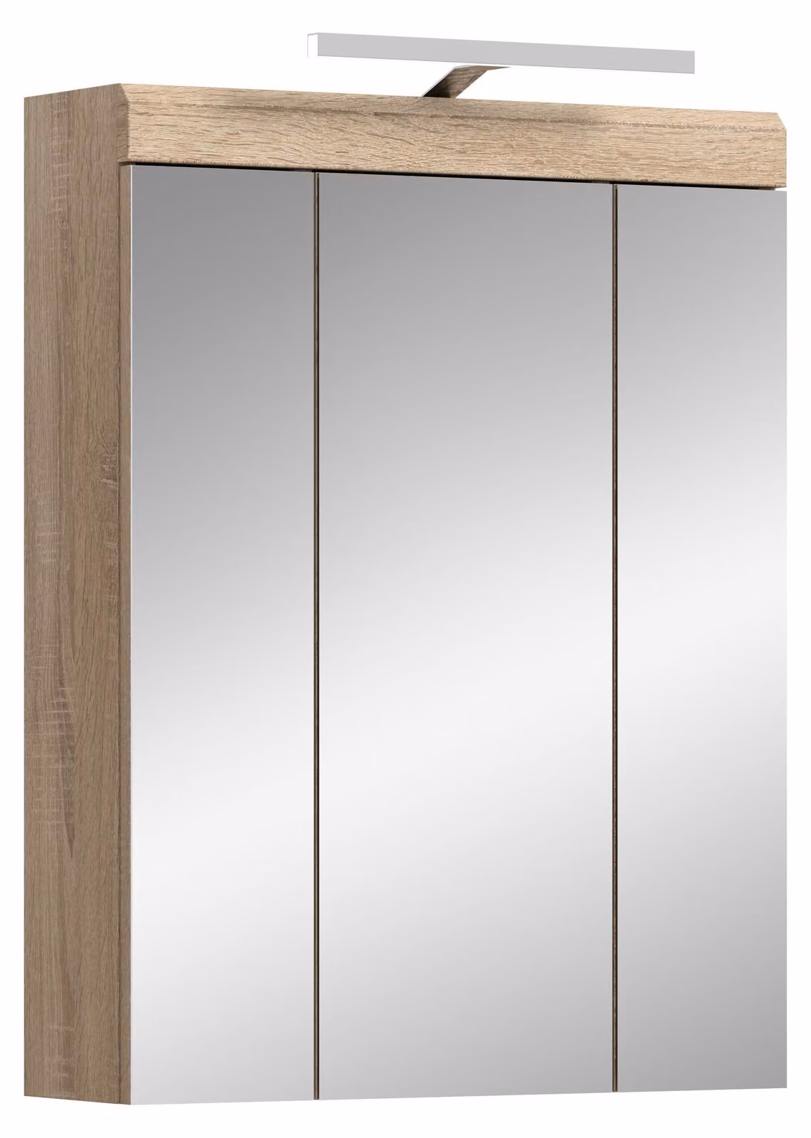 Armadio a specchio Lambada per il bagno Illuminazione inclusa 2 ante, 3 ante a specchio, 3 ripiani Bianco lucido, decoro in rovere.