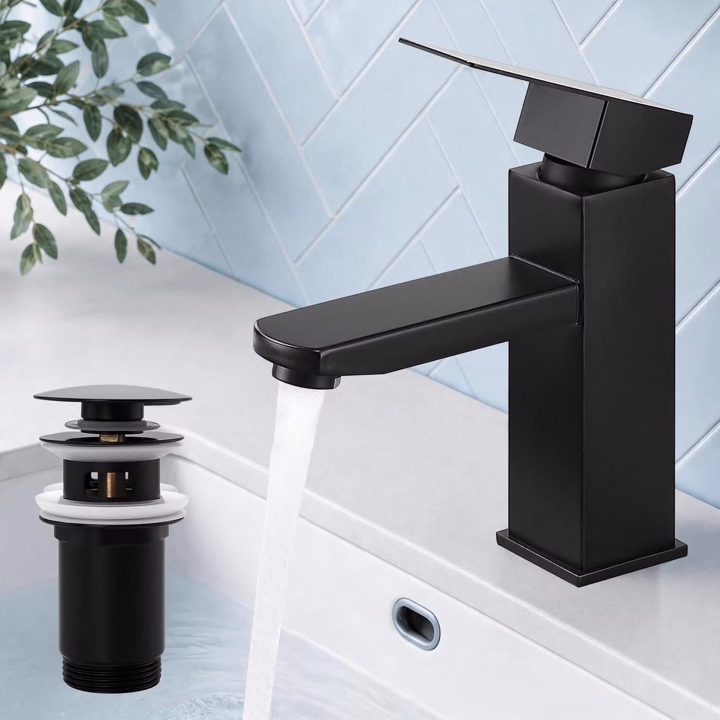 Miscelatore per lavabo da bagno, colore nero, con gruppo di scarico in acciaio inossidabile