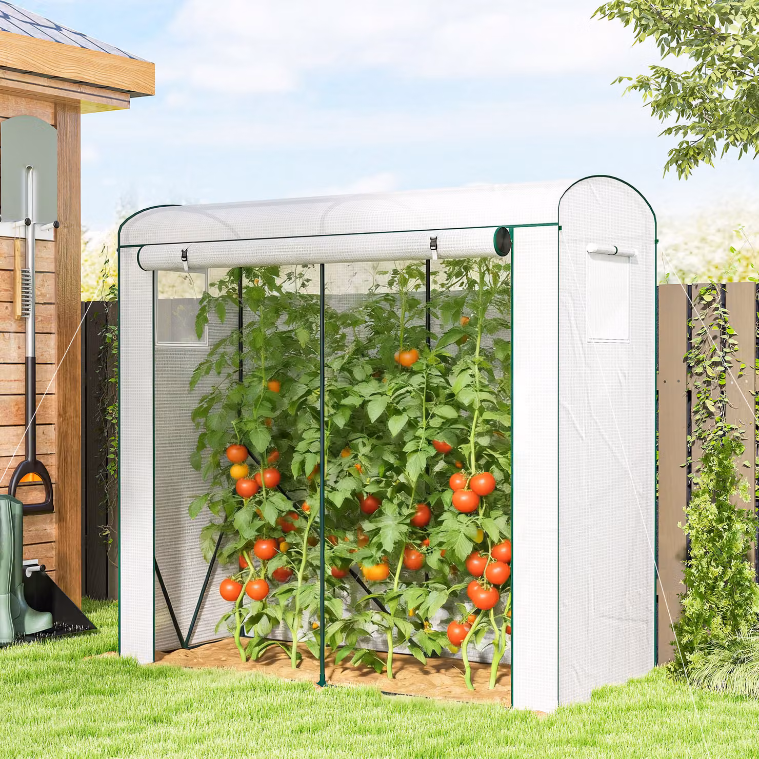 Serra in telo Outsunny con finestre a rete e porta avvolgibile, bianco, L: 200 cm, P: 75 cm, H: 188 cm – 2