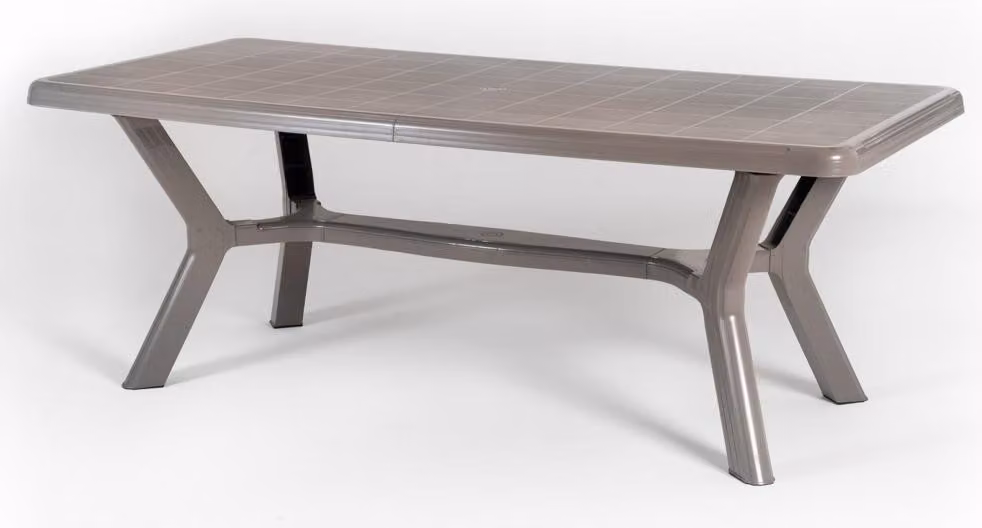 Tavolo rettangolare da esterno 200x95 cm in polipropilene con gambe incrociate, struttura rinforzata in metallo e apertura per ombrellone - SAMUEL - Beige