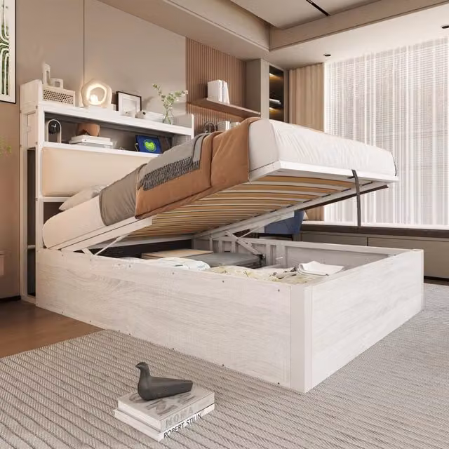 Letto singolo 90x200 con contenitore e sollevamento idraulico; testiera imbottita; USB; bianco